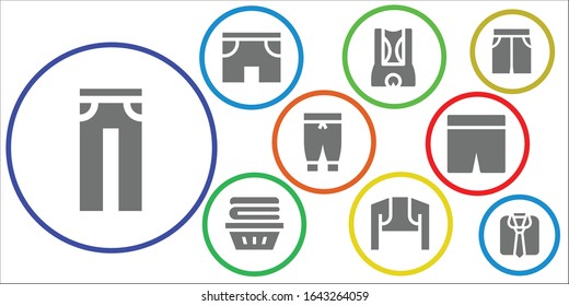 trousers icon set. 9 filled trousers icons.  Simple modern icons such as: Jeans, Shorts, Clothes, Bolero, Pants, Short