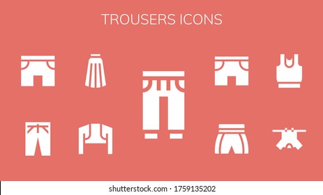 trousers icon set. 9 filled trousers icons. Included Sweatpants, Bolero, Skirt, Trousers, Shorts, Clothes icons