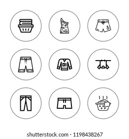 Trousers icon set. collection of 9 outline trousers icons with clothes, shorts icons. editable icons.