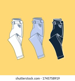 Trousers, jeans on an isolated background. Three colors of trousers: white, blue, blue. Silhouettes of clothing. Flat illustration. The concept of fashion. Type of clothing. Vector.