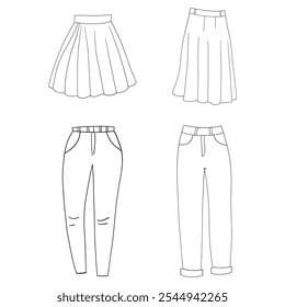 Trousers, jeans, and skirt outline for coloring on a white background, perfect for fun fashion-themed projects.