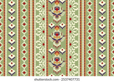 Patrón de pantalones, patrón floral inconsútil de Ikat sobre fondo verde, Ilustración vectorial, patrón inconsútil oriental étnico de Ikat, estilo azteca. diseño para textura, tela, ropa, decoración, pantalones, impresión.