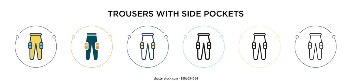 Trousers with side pockets icon in filled, thin line, outline and stroke style. Vector illustration of two colored and black trousers with side pockets vector icons designs can be used for mobile,