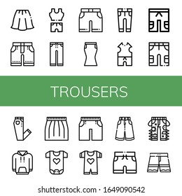 trousers simple icons set. Contains such icons as Skirt, Shorts, Clothes, Trousers, Short, Jeans, Hoodie, Baby clothes, can be used for web, mobile and logo