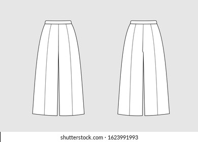 Trousers vector template isolated on a grey background. Female model. Front and back view. Outline fashion technical sketch of clothes model.
