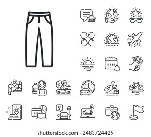 Trousers wear sign. Plane jet, travel map and baggage claim outline icons. Pants line icon. Fabric jeans symbol. Pants line sign. Car rental, taxi transport icon. Place location. Vector