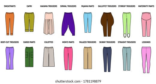 Trousers for woman set. Pants vector illustration for girls.