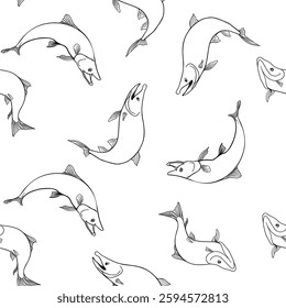 Trout black white vector seamless pattern. Salmon monochrome sketch hand drawn. Nerka swimming fish painted linear on repeat background. Variety sockeye in graphic for package, textile, wrapping paper