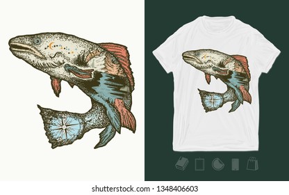 Trout double exposure. Print for t-shirts and another, trendy apparel design. Symbol of fishing, tourism, wild nature, outdoor 