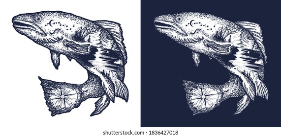 Trout double exposure tattoo art and t-shirt design. Salmon. Symbol of fishing, tourism, wild nature, outdoor, travel. Black and white vector graphics 