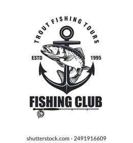 trout fish with anchor, fishing rod vintage logo vector illustration