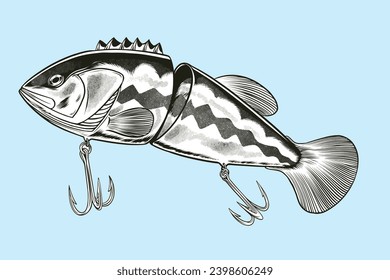 trout fish and fishing decoy illustration with hand drawn style for graphic tee and stickerdesign