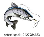 Trout Fish Hand Drawn Illustration Catching the Fishing Lure