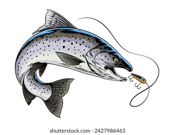 Trout Fish Hand Drawn Illustration Catching the Fishing Lure