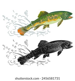 Trout fish jumping beauty wildness natural and as wrought metal vintage vector illustration editable hand draw