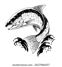 Trout Fish Jumping Hand Drawn Illustration