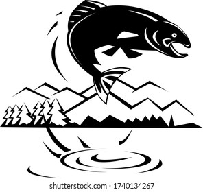 Trout Fish Jumping Lake With Trees and Mountains Retro Black and White