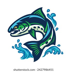 Forellenfisch-Maskottchen, das aus dem Wasser springt