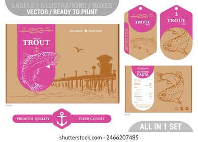 Trout fish Premium quality package design set featuring modern hand drawn illustrations and labels set. River fish in old cartoon style