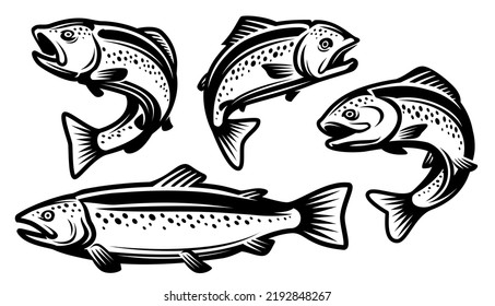 Trout fish set. Fishing, seafood symbol or logo. Vector illustration in monochrome style isolated on white background