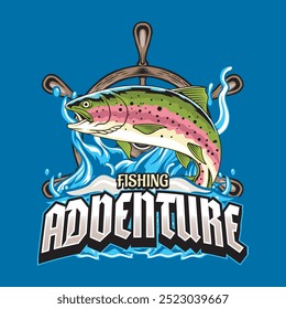 Trout fish Sport Fishing logotype in blue Background Colorful Vector Cartoon Modern Illustration for sticker badge emblem t-shirt banner invitation