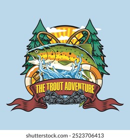 Trout fish Sport Fishing logotype in blue Background Colorful Vector Cartoon Modern Illustration for sticker badge emblem t-shirt banner invitation