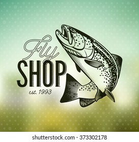 Trout Fishing emblem on blur background