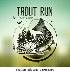 Trout Fishing emblem on blur background