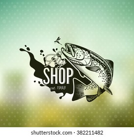 Trout Fishing emblem on blur background