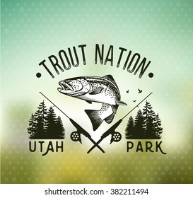 Trout Fishing emblem on blur background