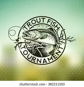 Trout Fishing emblem on blur background