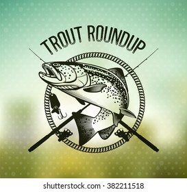 Trout Fishing emblem on blur background