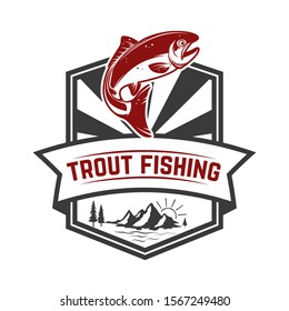Trout fishing. Emblem template with trout fish. Design element for logo, label, sign, poster. Vector illustration