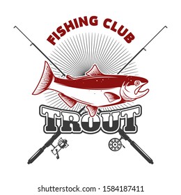 Trout fishing. Emblem template with trout fish. Design element for logo, label, sign, poster. Vector illustration
