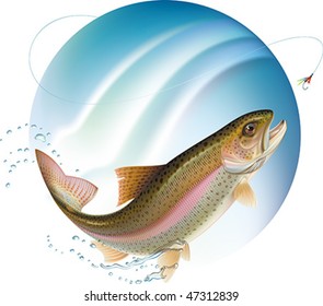 Trout jumping for the bait with water sprays around. Vector illustration.