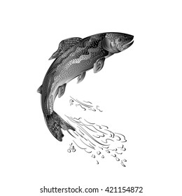 Trout jumps salmon-predatory fish as wrought metal vintage vector illustration