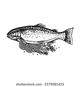 Trout with lemon and herbs. A hand-drawn vector graphic illustration. Black and white image of seafood. Separate from the background. Perfect for menus, recipe books, packages, labels, invitations.