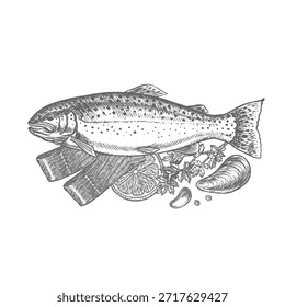 Trucha con limón y hierbas. Una ilustración gráfica de Vector dibujada a mano. Imagen de mariscos en blanco y negro. Separado del fondo. Perfecto para menús, recetarios, paquetes, etiquetas, invitaciones.