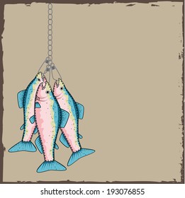 Trout on a stringer with a torn paper background, vector format