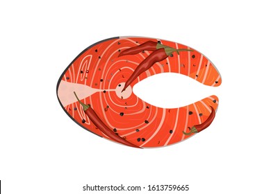 Trout steak with peppers. Vector illustration. Seafood fish. Healthy diet.