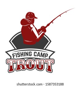 Trout.Fishing emblem template with fisherman. Design element for logo, label, sign, poster. Vector illustration