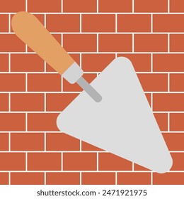 Paleta y una pared de ladrillos, Ilustración vectorial. También se puede utilizar para herramientas de construcción. Pala, cemento, concepto de construcción. Adecuado para App móviles, App de Web y medios de impresión. Paleta con un ladrillo.