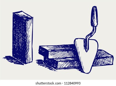 Trowel and bricks. Doodle style