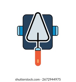 A trowel is centered on a dark blue square with blue side attachments. The trowel has a triangular blade, and an orange handle.