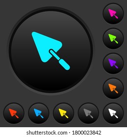 Trowel dark push buttons with vivid color icons on dark grey background