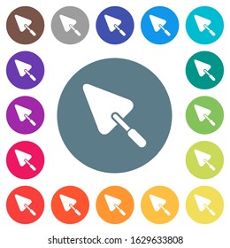 Trowel flat white icons on round color backgrounds. 17 background color variations are included.