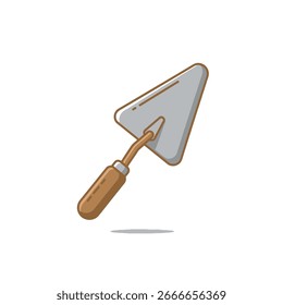 A trowel, a hand tool used for spreading mortar or plaster, is depicted in a simple, cartoon-like style. The trowel has a flat, triangular blade and a wooden handle.