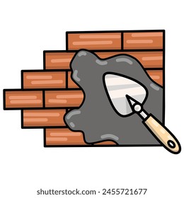 The trowel has a wooden handle and steel blade, and is placed on a backdrop of bricks laid out with visible mortar lines. relevant regarding construction, masonry work, or home improvement projects