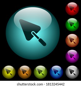 Trowel icons in color illuminated spherical glass buttons on black background. Can be used to black or dark templates