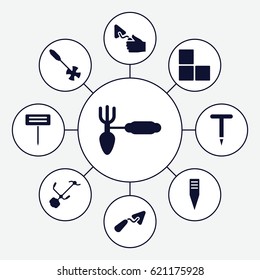 Trowel icons set. set of 9 trowel filled icons such as brick wall, trowel